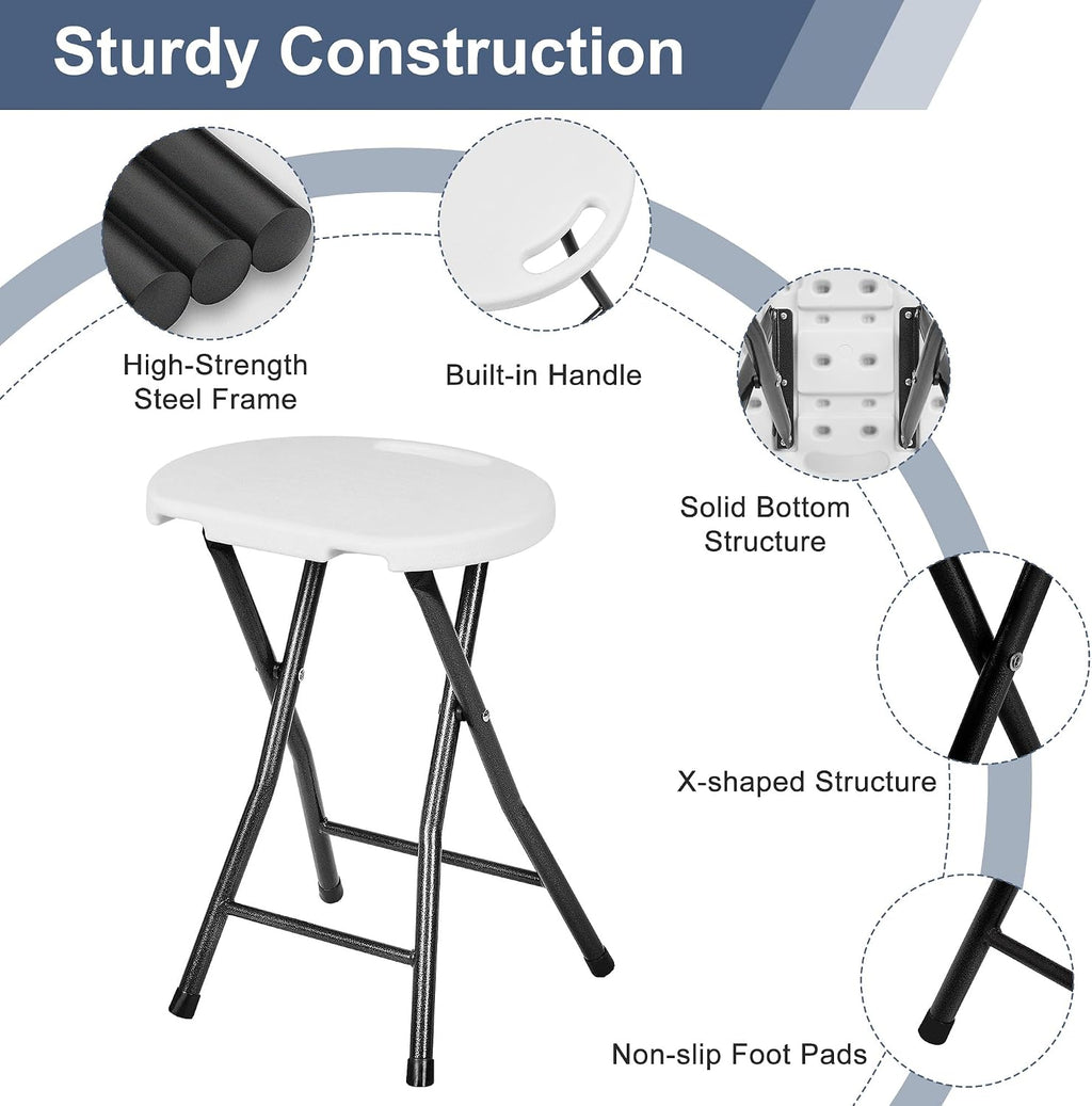 VECELO Folding Stool 18" with Handle, Solid Bottom Support, Iron X-Frame, 500 lbs Capacity, Anti-Slip Feet, Easy Clean, Lightweight Foldable Stool for Camping, Kitchen, Vanity and Outdoor, White