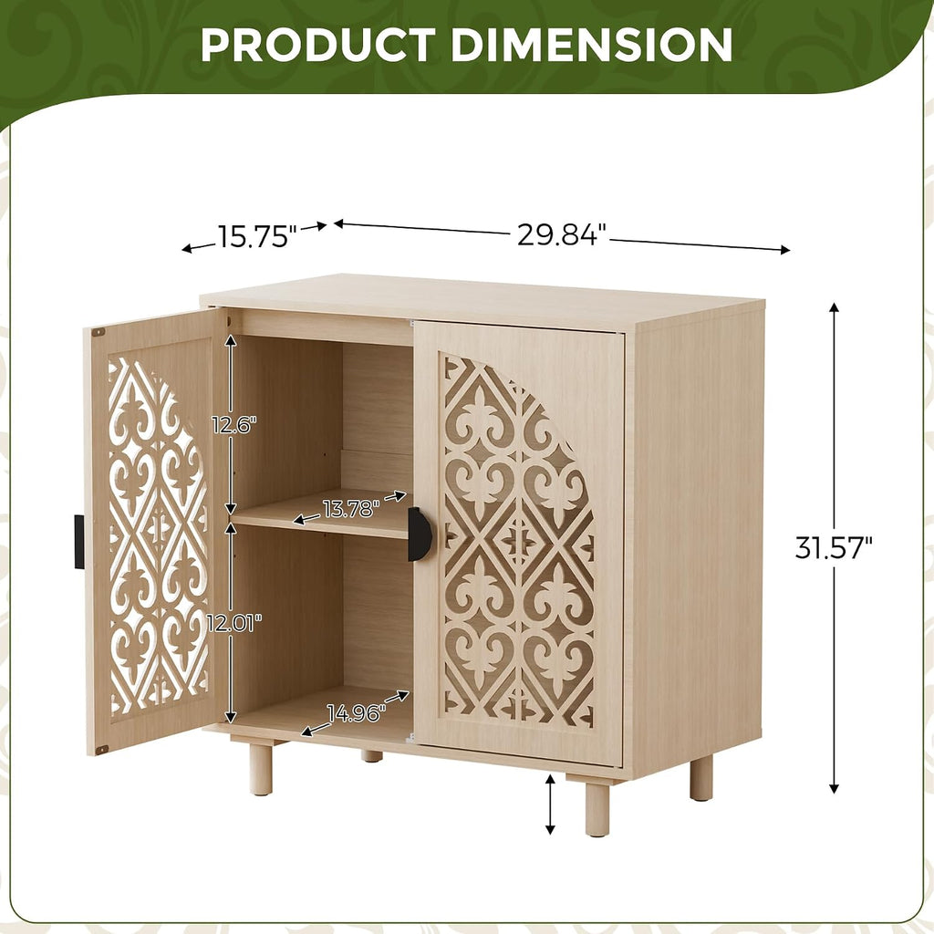 Boho Sideboard Buffet Cabinet, Decorative Storage Cabinet with Doors and Shelves, Wood Entryway Cabinet with Hollow Carving Design for Living Room, Kitchen,Hallway, Natural Wood