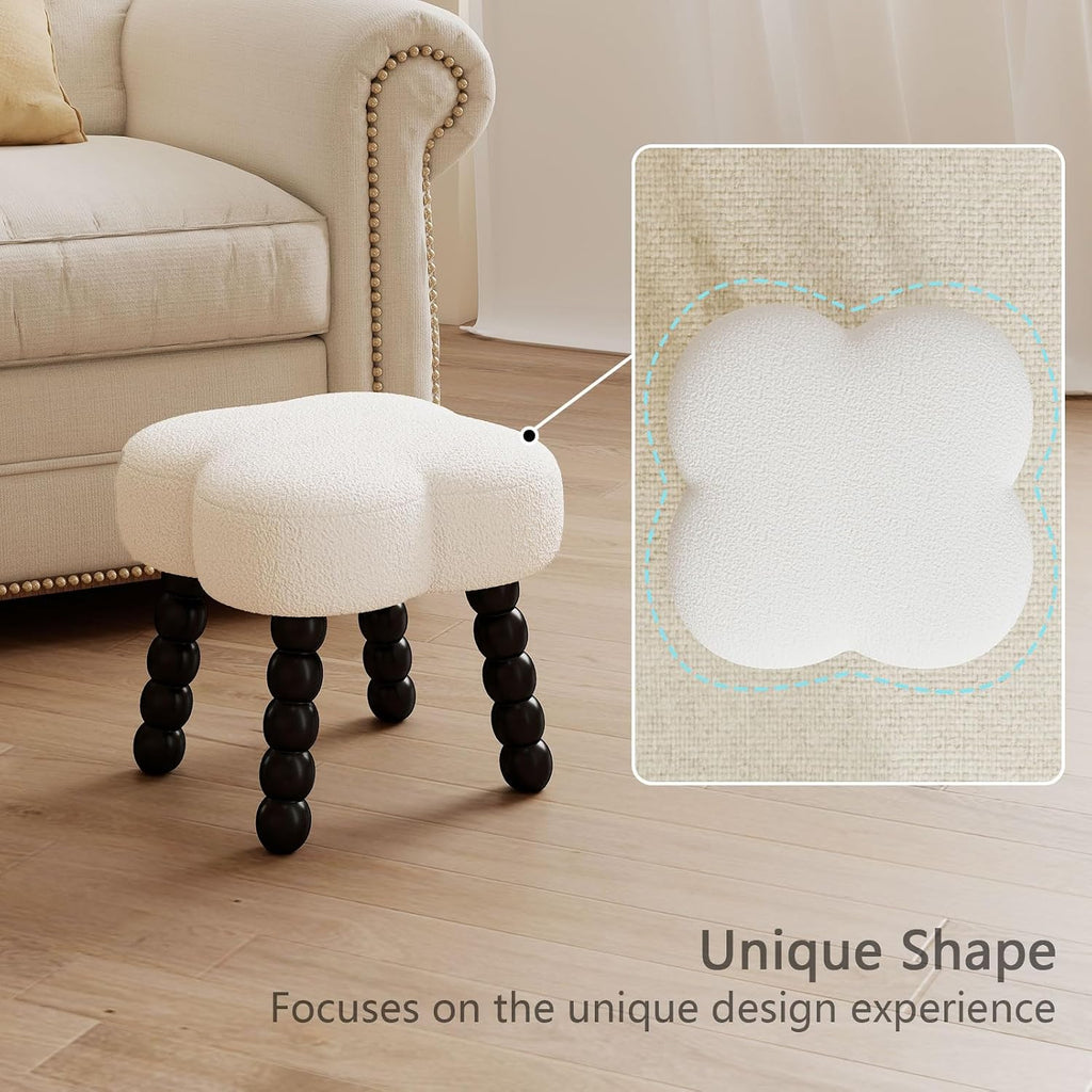 White Ottoman, Small Footrest, Clover-White | Storage Space, Unique Shaped, Wood Legs, Faux Teddy Fur