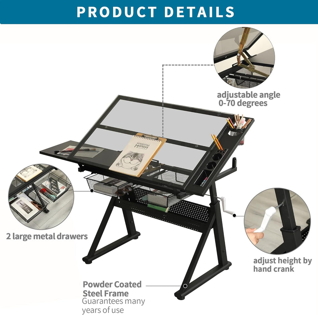 Drafting Table with Storage and Stool, Art Desk for Adults Hand Crank Adjustable Height with 2 Metal Drawers, Glass Craft Drawing Table Artist Desk with Extra Desktop (Black)