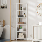 Furnulem 6 Tier Corner Shelf with LED Light, 67.5" White Narrow Bookshelf | Tall Standing Shelf Organizer, Storage Rack for Wall Corner, Living Room, Bedroom, Metal Frame, Wood Display Shelf