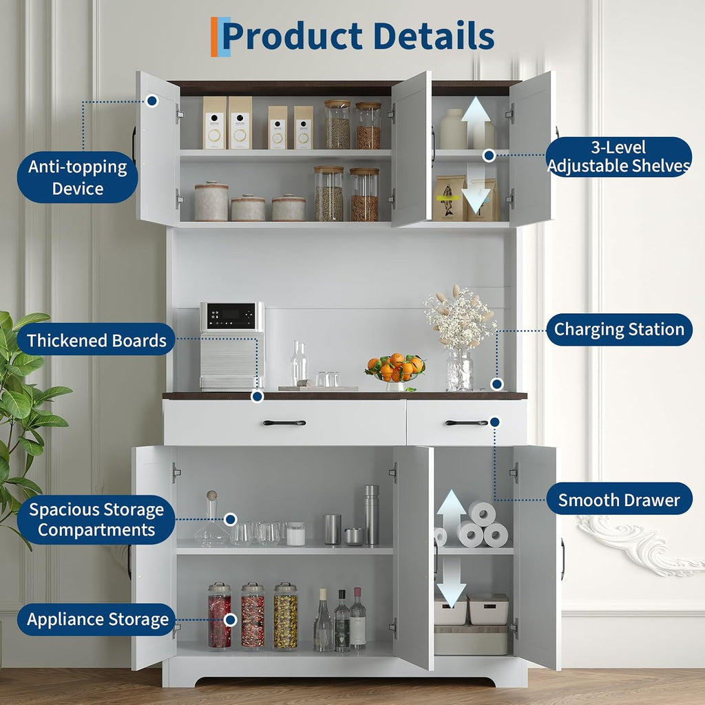 GarveeHome Farmhouse Kitchen Pantry Cabinet, 71" Tall Storage Cabinet with Charging Station, White Kitchen Hutch with Microwave Stand & Storage Drawers for Living Room, Dining Room