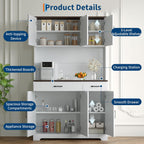 GarveeHome Farmhouse Kitchen Pantry Cabinet, 71" Tall Storage Cabinet with Charging Station, White Kitchen Hutch with Microwave Stand & Storage Drawers for Living Room, Dining Room