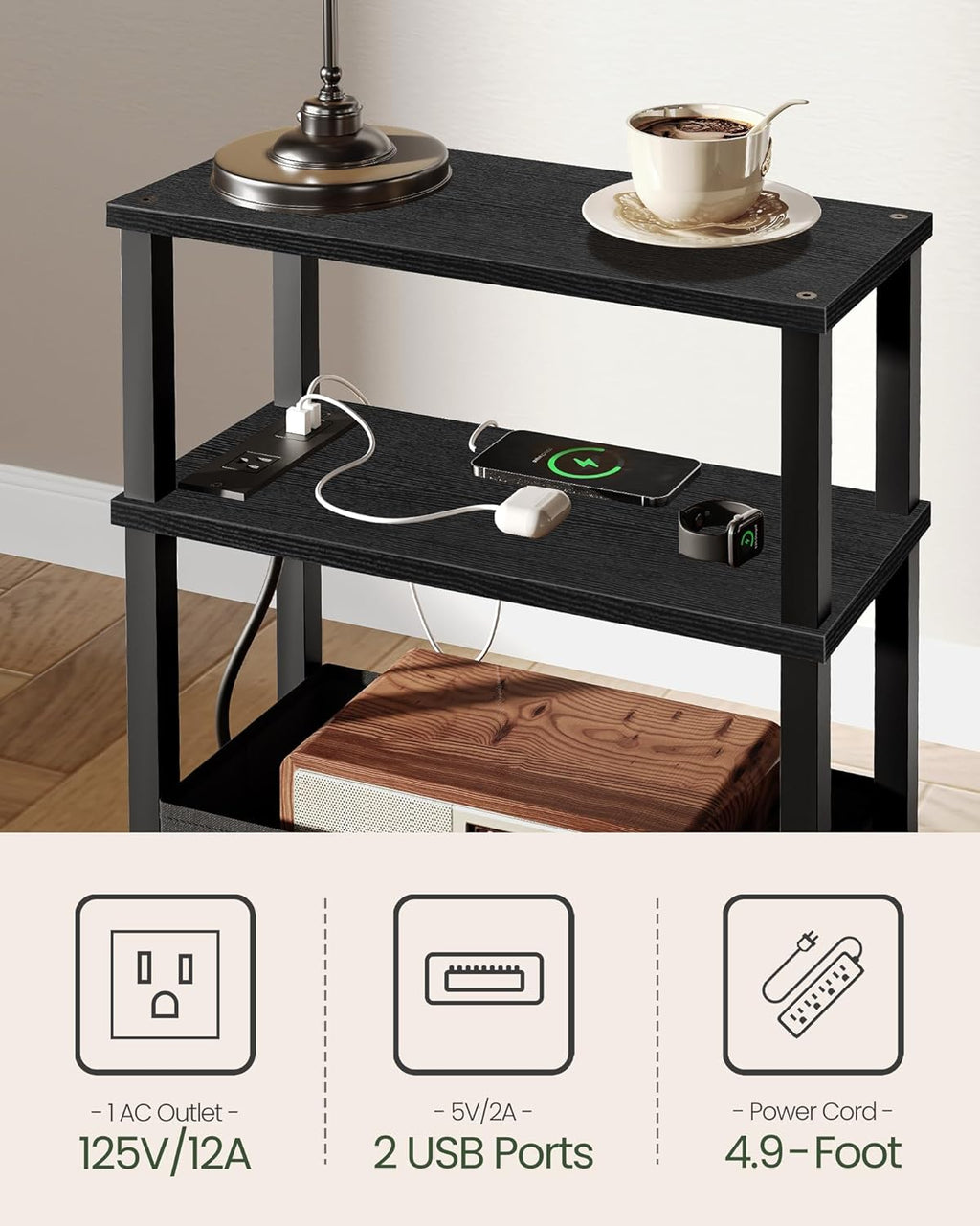 CHOEZON Set of 2 End Tables with Charging Station, Narrow Side Table for Small Spaces, Slim Nightstand with Basket, Skinny Bedside Table, for Living Room, Bedroom, Black TBZ07UP2BBN1