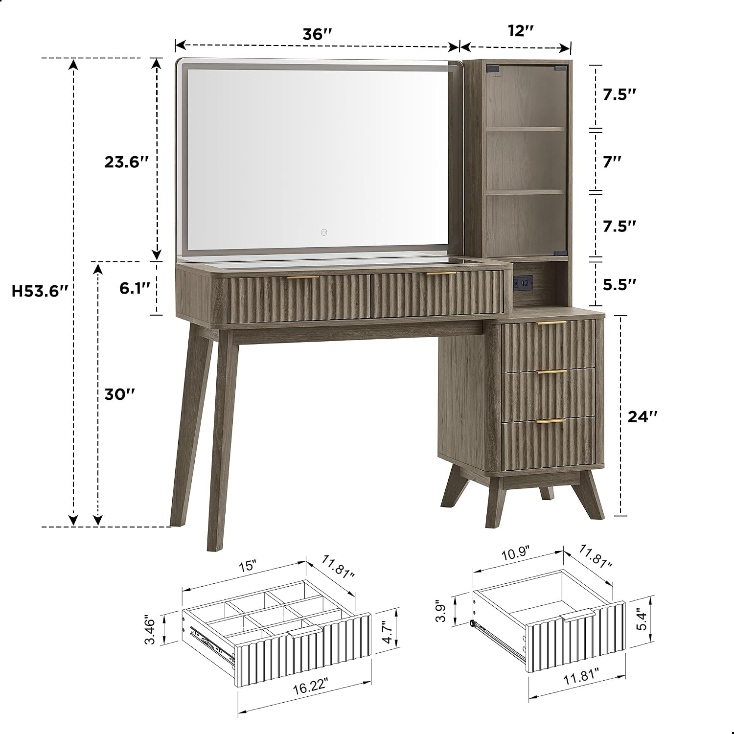 T4TREAM 48" Fluted Makeup Vanity Desk with 36" Lighted Mirror, Brown Alder | Smart LED Mirror, Visible Glass Top, 5 Drawers & Adjustable Storage Shelves, Charging Station, Bedroom Makeup Storage