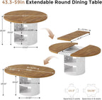 43.3in-59in Extendable Round Dining Table for 4-6, Modern Oval Dining Table with Storage Shelf & White Metal Frame, Space-Saving Expandable Table for Kitchen & Living Room, Oak