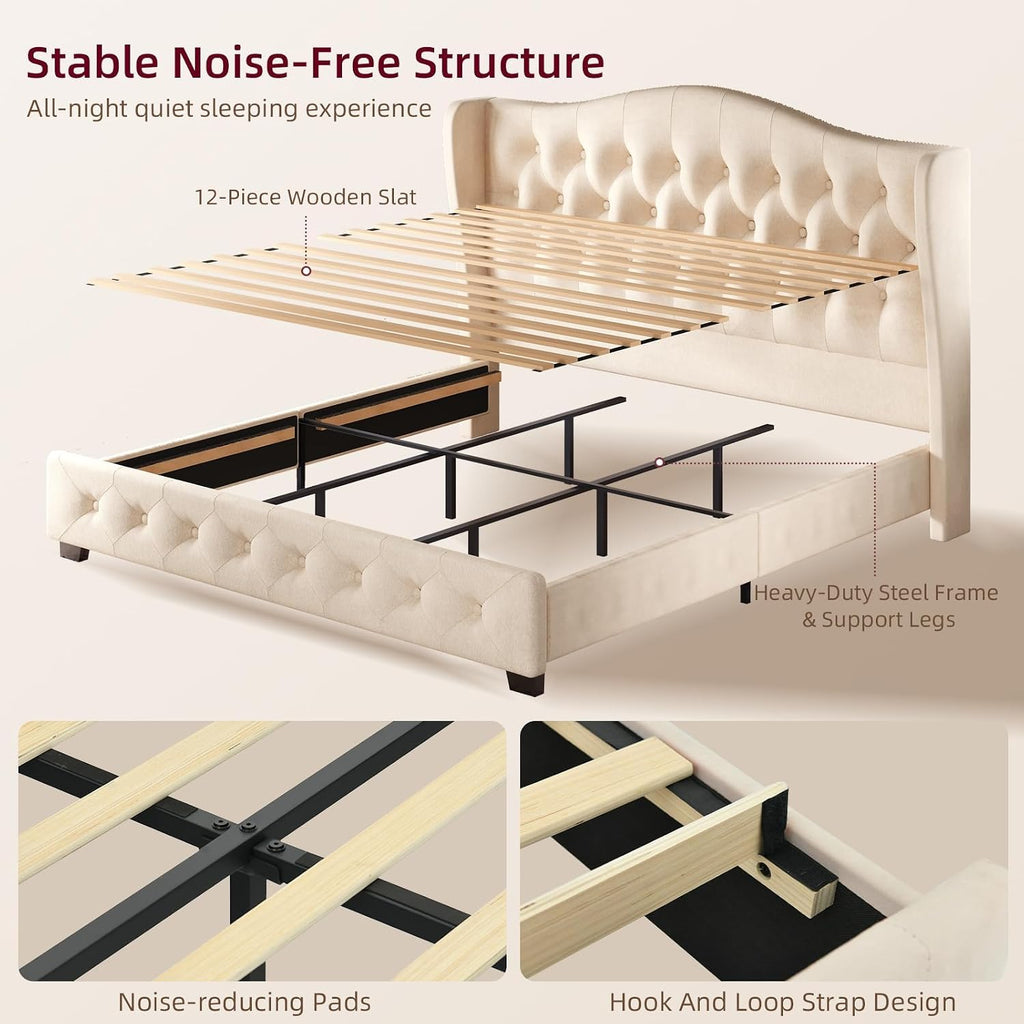 HOMBCK King Bed Frame with 49" Headboard, Velvet Upholstere King Size Bed Frame with Button Tufted Wingback Design, Traditional Retro Style, Low Profile, Strong Structure, No Box Spring Needed, Beige