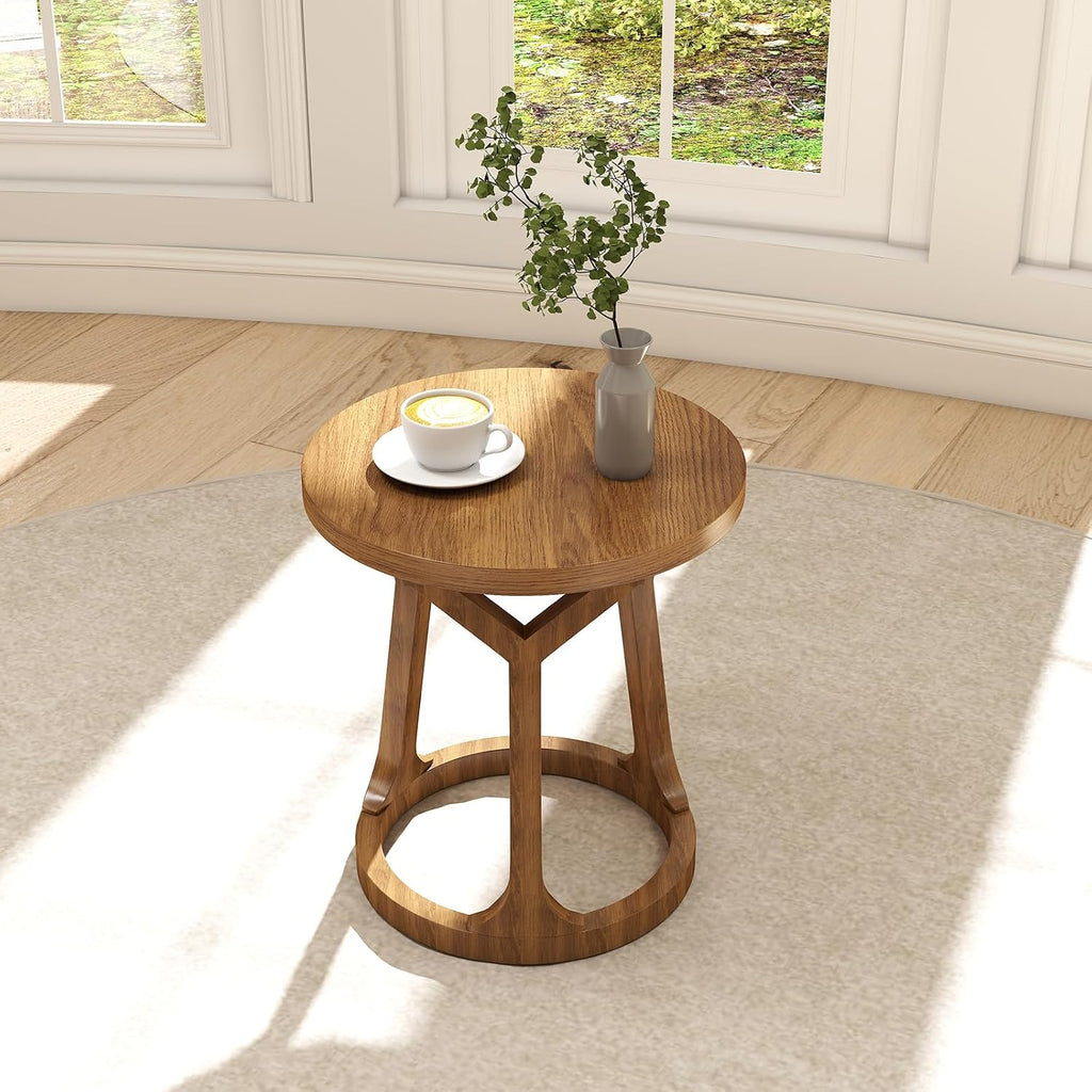 Round Side Table, Farmhouse End Table for Small Spaces, Accent Table for Living Room, Bedroom, Home Office (Brown, 1-Pack)