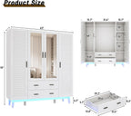 jiteentarou 4 Door Armoire Wardrobe Closet Cabinet with Drawers and LED Lights, Multi-Tier Shelves, Hanging Rod & 4 Louver Doors, Large Capacity Storage Wardrobe Armoire for Bedroom(4 Doors White)