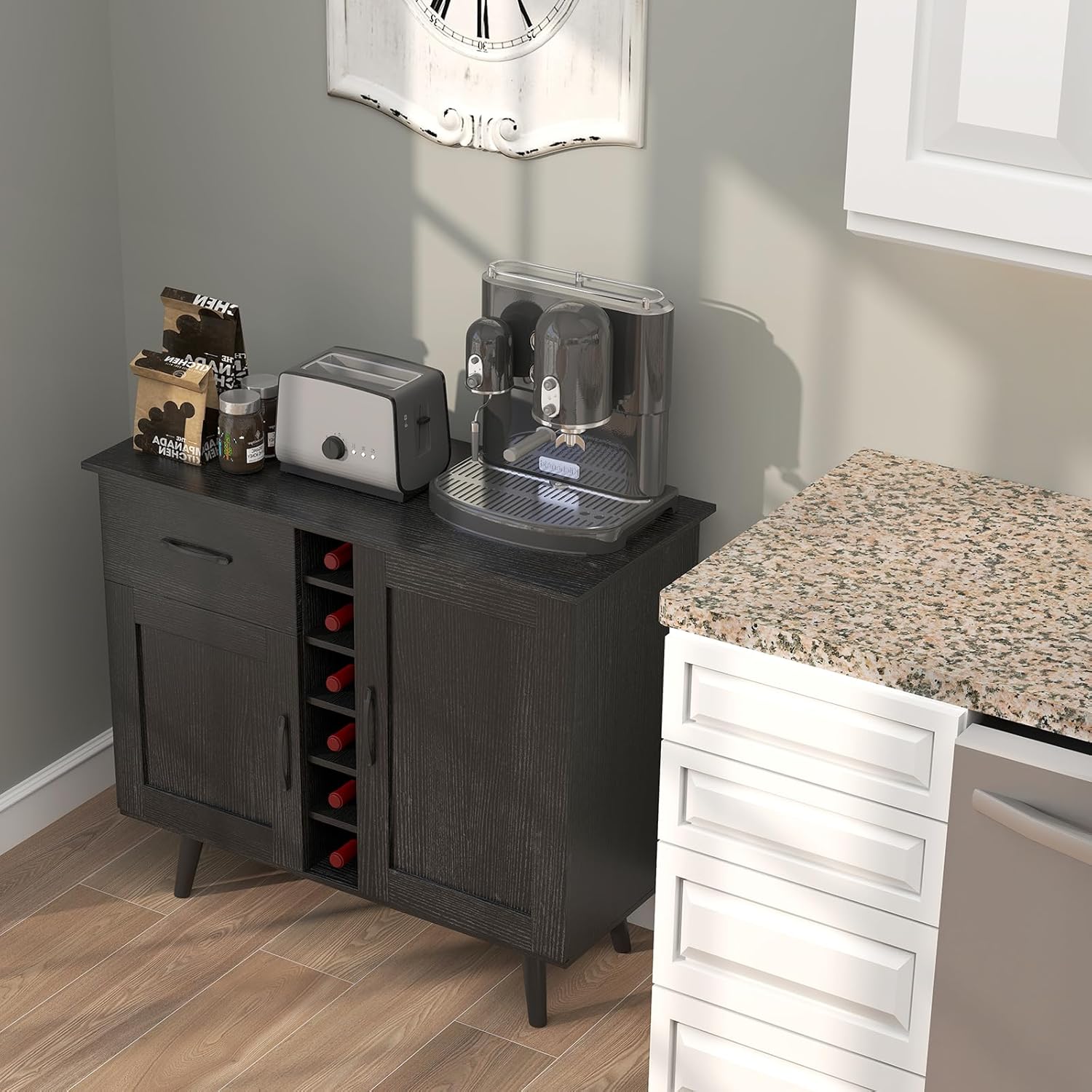 GOFLAME Wine Bar Cabinet, Buffet Sideboard with 2 Doors & 1 Drawer, 6-Bottle Wine Rack, Adjustable Shelves, Cupboard with Storage for Kitchen, Living Room, Black