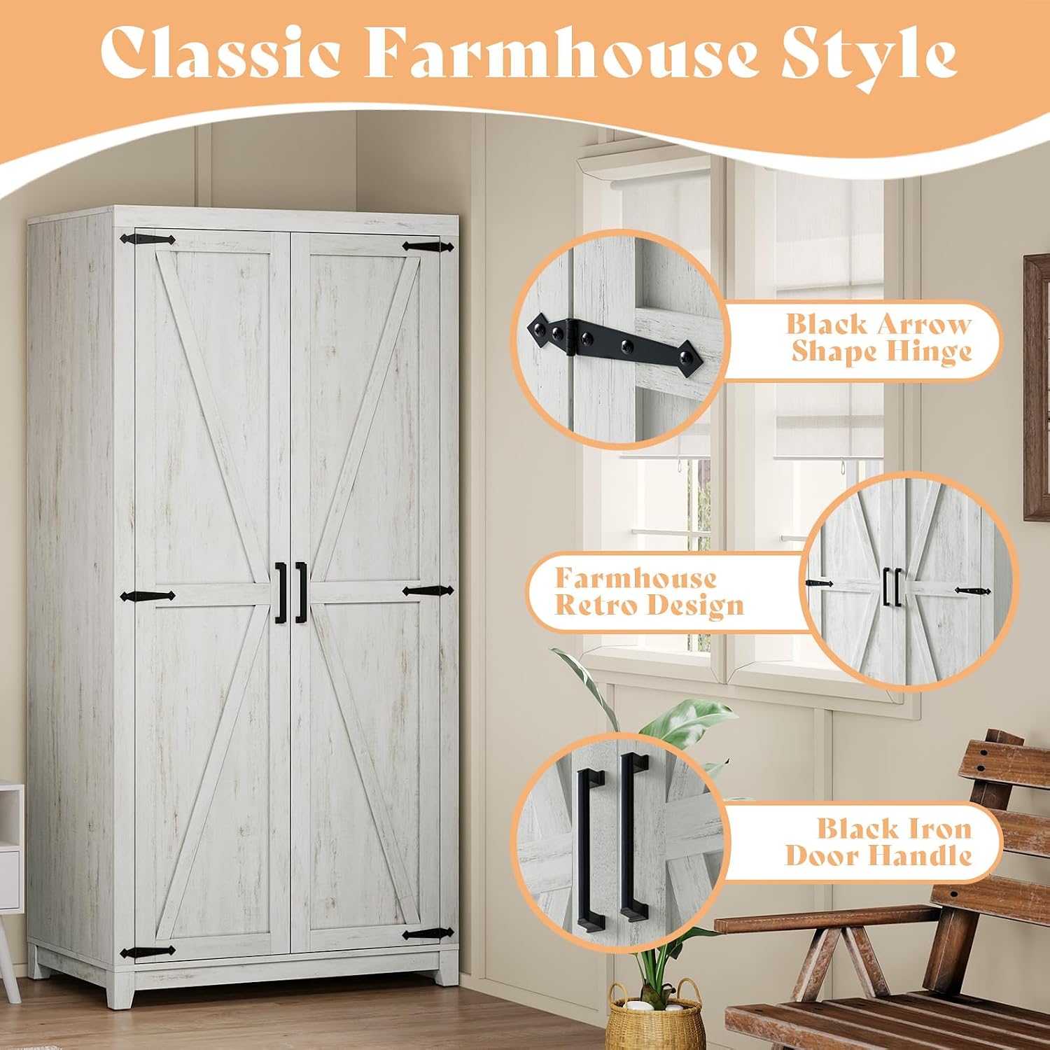 AMERLIFE 71" Farmhouse Wardrobe Closet with Hanging Rod & Barn Doors | Large Armoire Storage Cabinet, Storage Shelf, Versatile Clothing Organizer, Anti-Tip Kit, for Bedroom, White