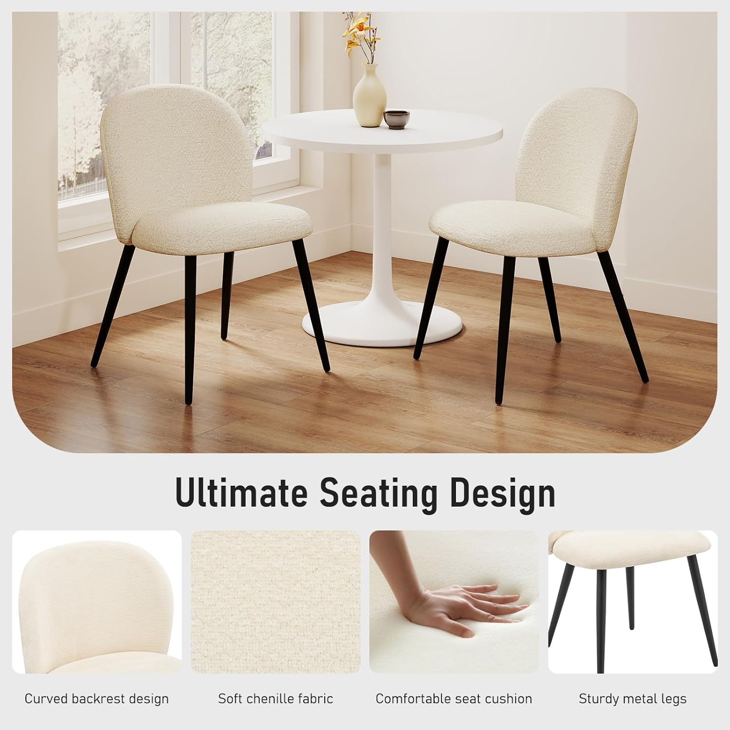 Upholstered Dining Chairs Set of 4, Modern Kitchen Side Chair with Padded Seat Comfortable Chenille Fabric Study Black Matel Legs,Desk Chair with Back for Dining Rooms, Beige