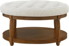 RENSGO 32.5" Large Round Upholstered Tufted Linen Ottoman Coffee Table, Large Footrest Ottoman with Wood Shelf Storage- Ivory