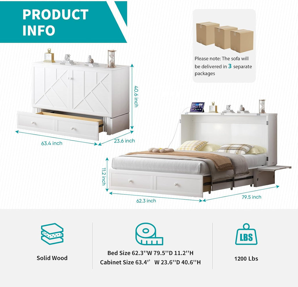 BALUS Queen Murphy Bed, Murphy Cabinet Bed with 2 Storage Drawers &USB Charging Station, Space-Saving Murphy Beds for Living Room/Bedroom, White
