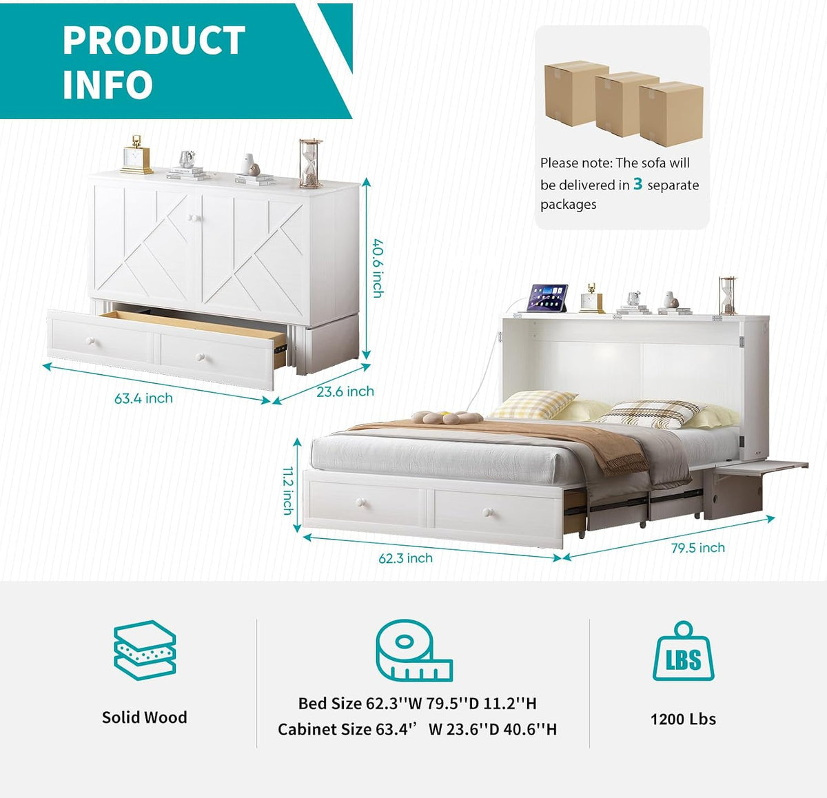BALUS Queen Murphy Bed, Murphy Cabinet Bed with 2 Storage Drawers &USB Charging Station, Space-Saving Murphy Beds for Living Room/Bedroom, White