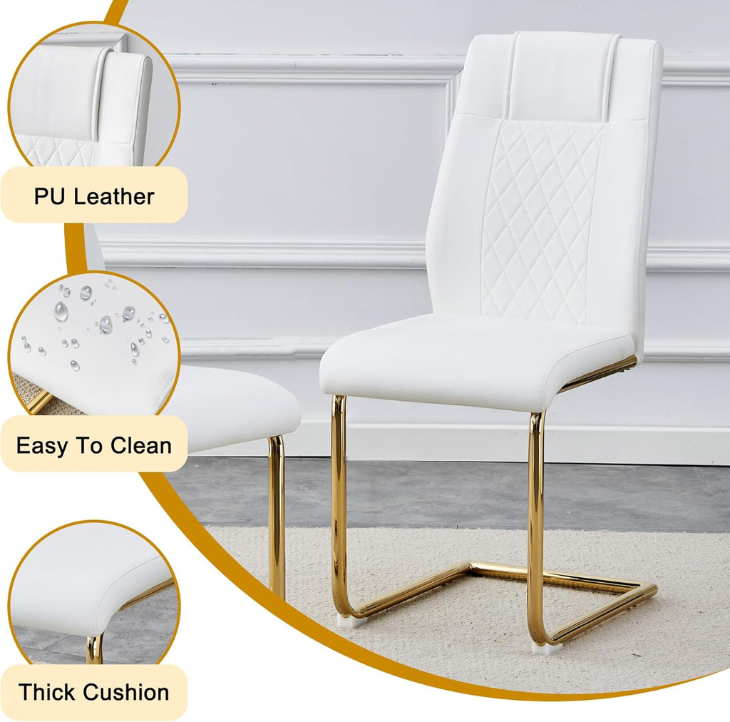 Glass Dining Table Set for 6, Modern Kitchen Table Set for 6, 71" Tempered Glass Tabletop with U-Shaped Gold Base, 7 Ppiece Large Dining Room Table Set with White PU Leather Chairs