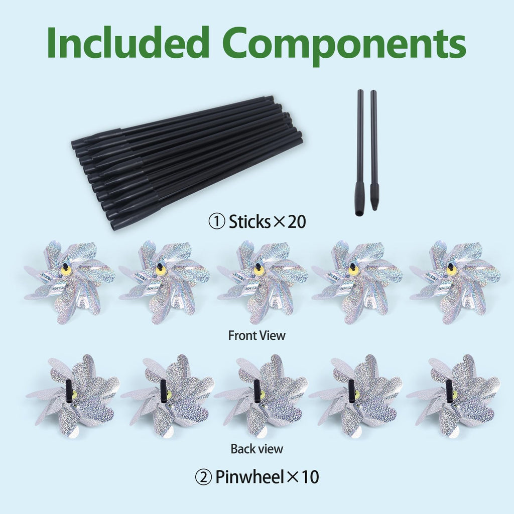 10 Pack Reflective Pinwheels with Plastic Stakes| 19.7 inch Pre-Assembled Sparkle Pin Wheel Set | Scare Off Birds and Animals Away | Decorative for Garden, Yard, Lawn