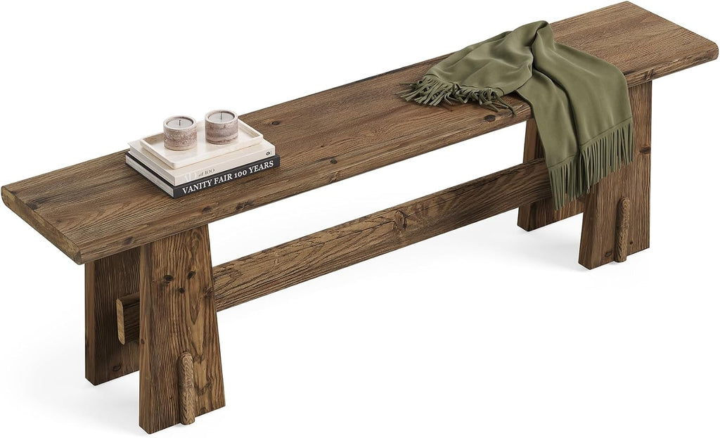 LITTLE TREE 59" Solid Wood Bench, Farmhouse Entryway Bench, Long Retro Bench for End of Bed, Dining Room, Entryway, Hallway, Living Room, Bedroom, Kitchen, Sturdy Frame Design, Rustic Brown