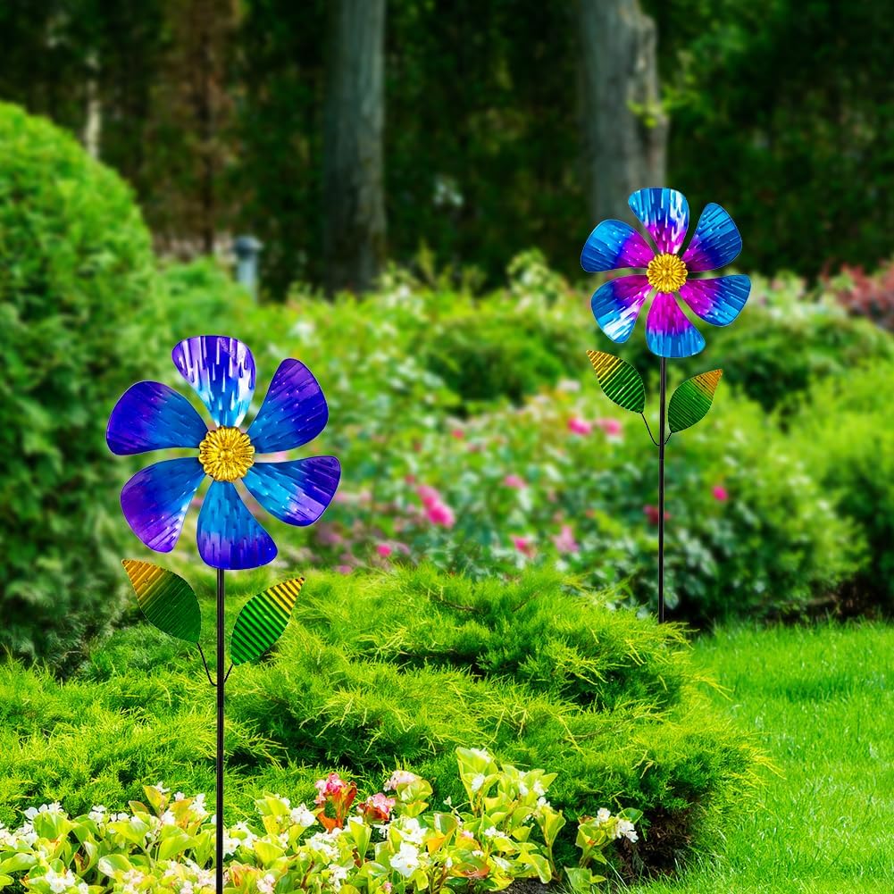 Viveta 2 Pack Garden Wind Spinners, 35.4 "Flower Metal Windmill,Pink and Blue Wind Sculpture,Pinwheels for Yard and Garden