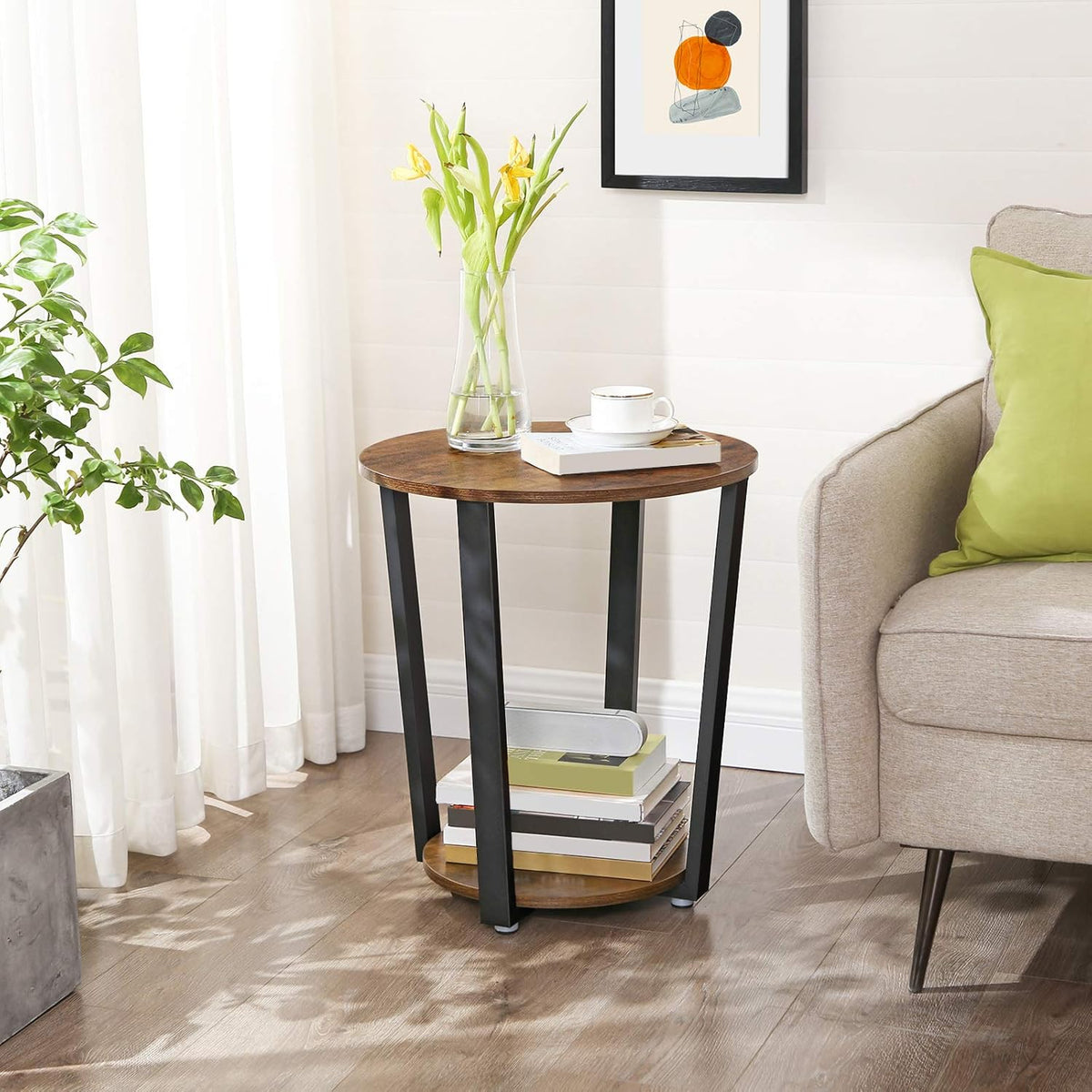 VASAGLE Round Side End Table, 2-Tier Accent Bedside Table with Storage Shelf, Easy Assembly, Nightstand for Small Spaces, Living Room, Bedroom, Rustic Brown and Ink Black ULET57X