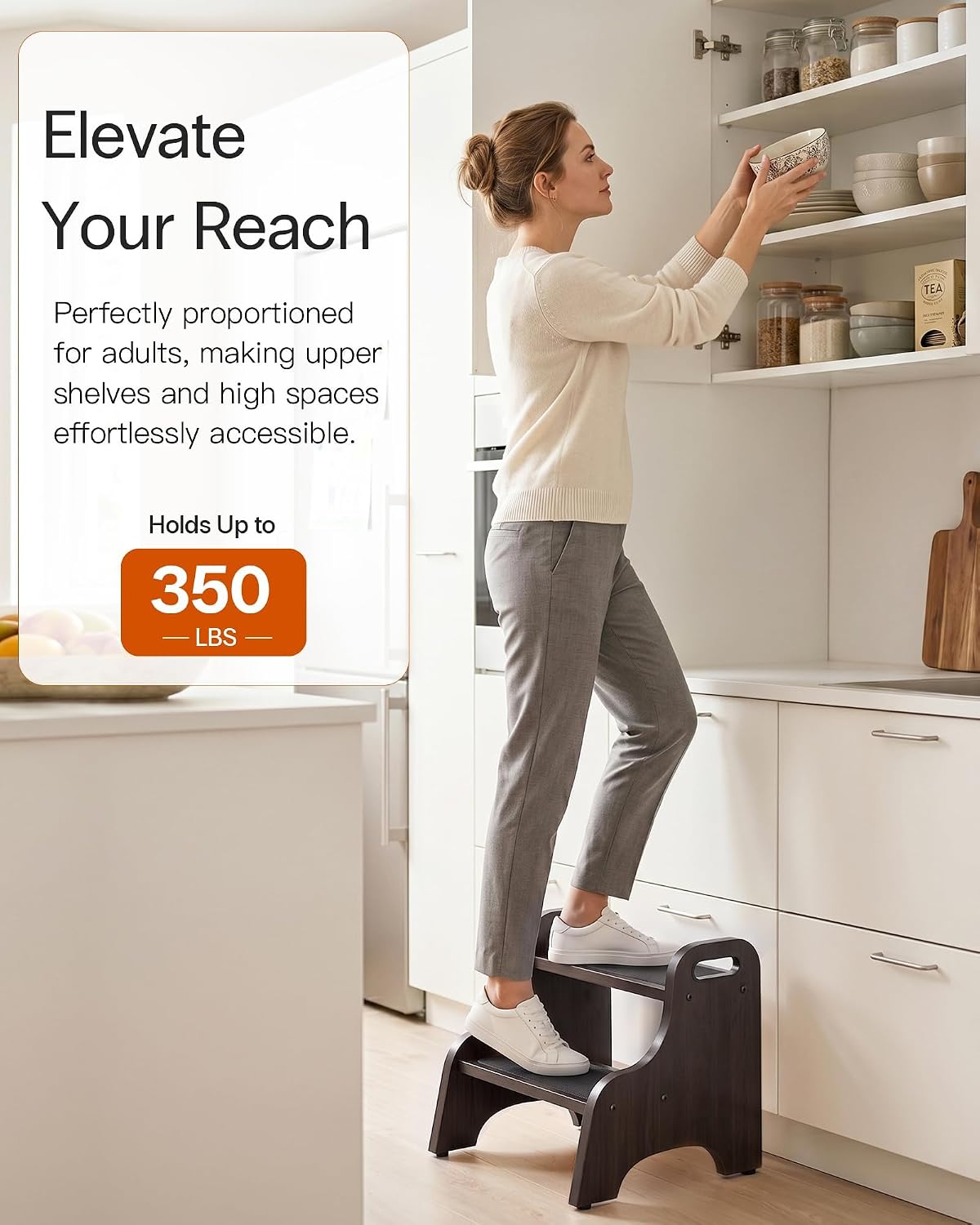 StrongTek Wooden 2 Step Stool, 350 lb Capacity, Non-Slip, Espresso | Wide Non-Slip Surface, Portable Handles, Stable Support for Sink, Potty Training, Kitchen, Bathroom and Bedside