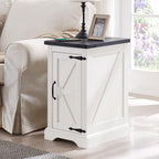 JXQTLINGMU Farmhouse Nightstand Set of 2 with Charging Station, 17" D Rectangular End Table with Barn Door & Adjustable Storage Shelf, Wood Rustic Sofa Side Table for Living Room, Bedroom, White
