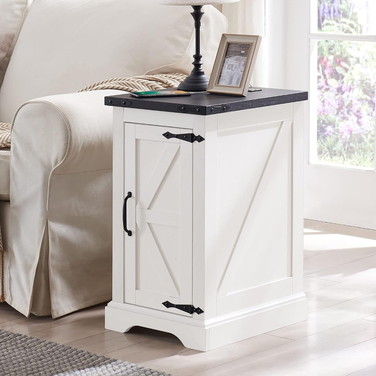 JXQTLINGMU Farmhouse Nightstand Set of 2 with Charging Station, 17" D Rectangular End Table with Barn Door & Adjustable Storage Shelf, Wood Rustic Sofa Side Table for Living Room, Bedroom, White