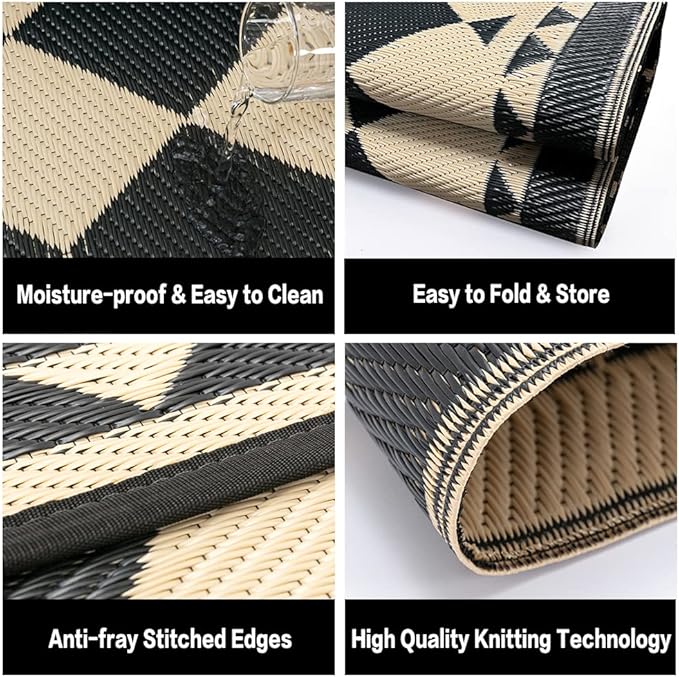 Outdoor Rug for Patios Clearance,Waterproof Mat,Large Outside Carpet,Reversible Plastic Straw Camping Rugs,Rv,Porch,Deck,Camper,Balcony,Backyard (9x12,Checkered/Black&Beige)