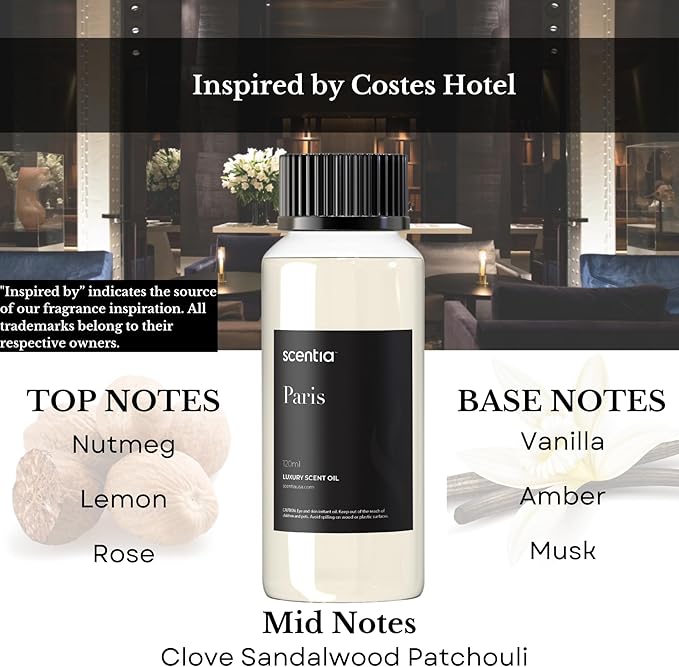 Hotel Frgarance Oil Inspired by The Hotel Costes - 120 mL 4.06 fl oz - Refill Diffuser Oil Blend Rose, Clove & Sandalwood Notes for Aromatherapy Diffusers - Paris