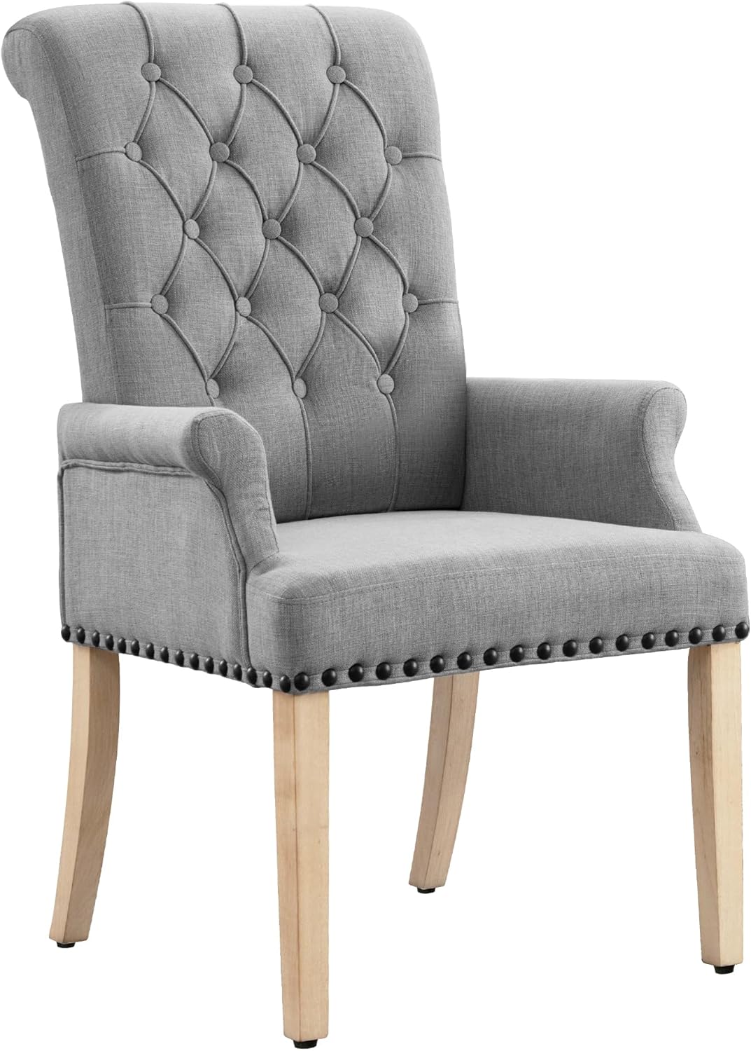 LOULENS Fabric Dining Chair, Modern Upholstered Armchair with Nailheads Trim & Wooden Legs, High-Back Accent Chair for Kitchen, Dining Room, Living Room and Bedroom, Light Grey