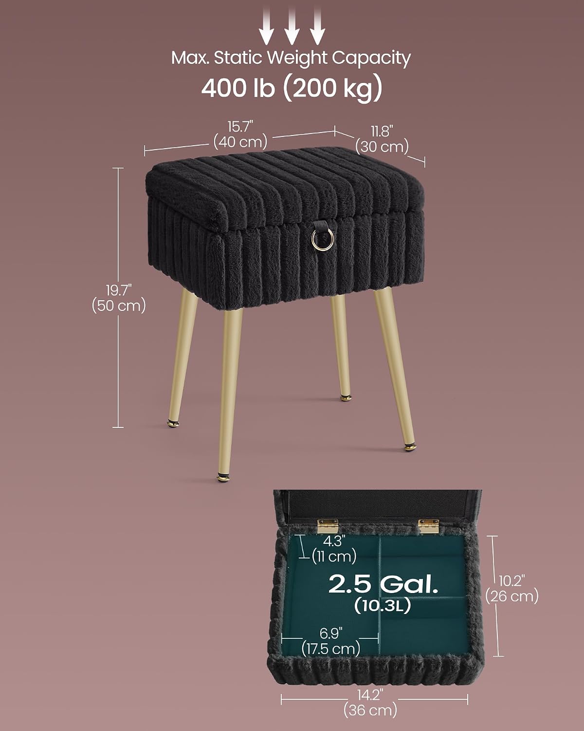 SONGMICS Vanity Stool Chair Faux Fur with Storage, Vanity Bench, Metal Legs, Adjustable Feet, for Living Room, Bedroom, Makeup Room, Ink Black ULOM505BZ02
