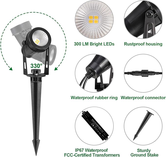 Low Voltage Landscape Lighting, 6 Pack Outdoor Spot Lights with Transformers, 12V Warm White Landscape Spotlights IP65 Waterproof Plug in Outdoor Uplights for Yard House Pathway Tree Pools