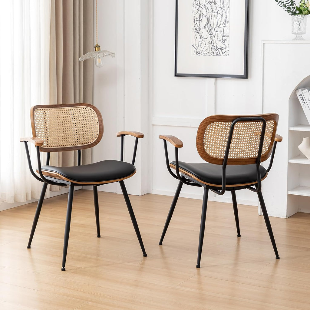 Rattan Dining Room Chairs Set of 2,Mid Century Modern Kitchen Side Chairs,Metal Legs Desk Chairs,Faux Leather Accent Chairs with Arms and Rattan Backrest,Black PU