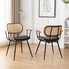 Rattan Dining Room Chairs Set of 2,Mid Century Modern Kitchen Side Chairs,Metal Legs Desk Chairs,Faux Leather Accent Chairs with Arms and Rattan Backrest,Black PU