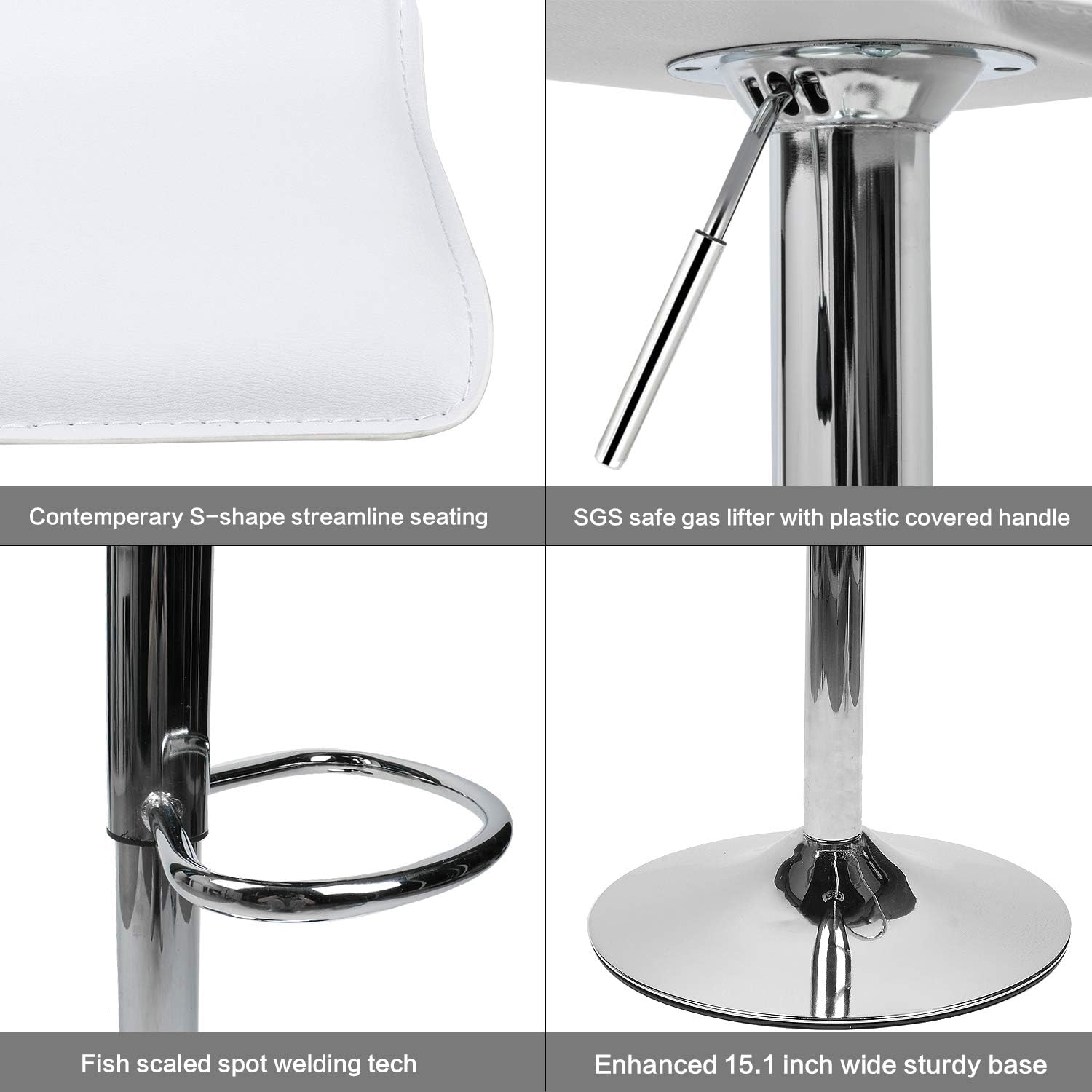 Set of 2 Barstool, Adjustable Swivel Bar Stools with PU Leather and Chrome Base, Gaslift Pub Counter Chairs, White | Swivel, PU Leather, Chrome Base, Gas Lift, Ideal for Kitchen, Home Bar, Pub, Kitchen Island