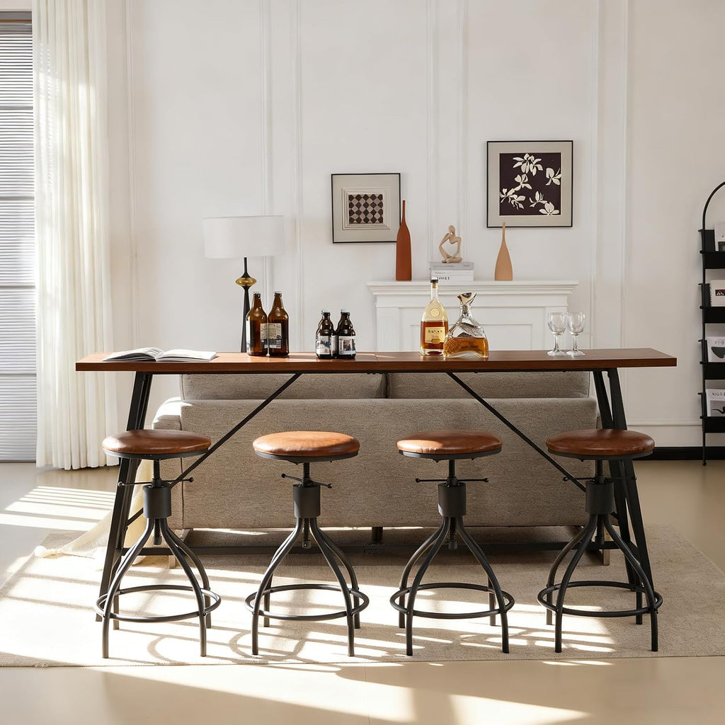 Karl home 83.8" Bar Table and Chairs Set, Sofa Table with 4 PU Stools, High Top Counter Height Table with Chairs for Kitchen Breakfast, Bistro, Dining Room, Living Room, Brown