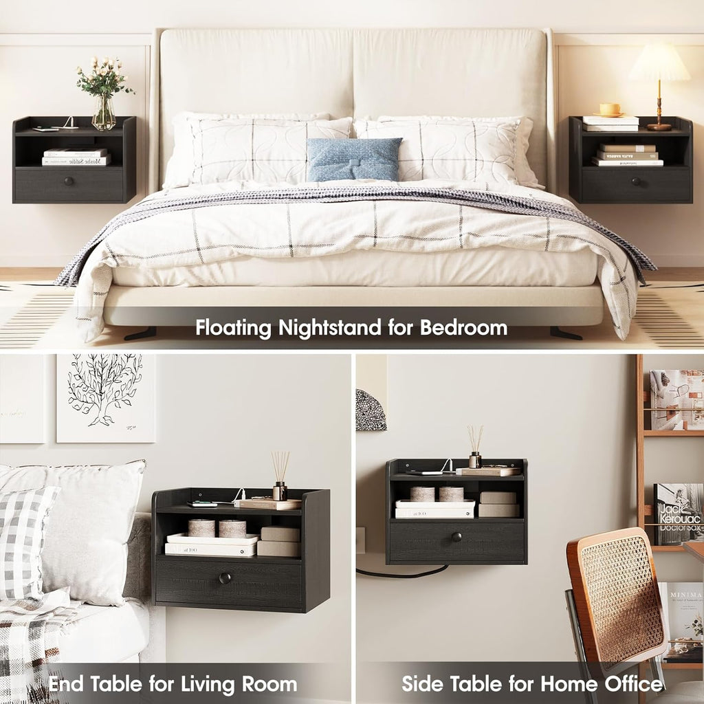 Floating Nightstand Set of 2 Modern Night Stands with Drawer and Open Shelf | Cubby Small Bedside End Table with Charging Station Wall Mounted Nightstands Set 2 for Bedroom Black