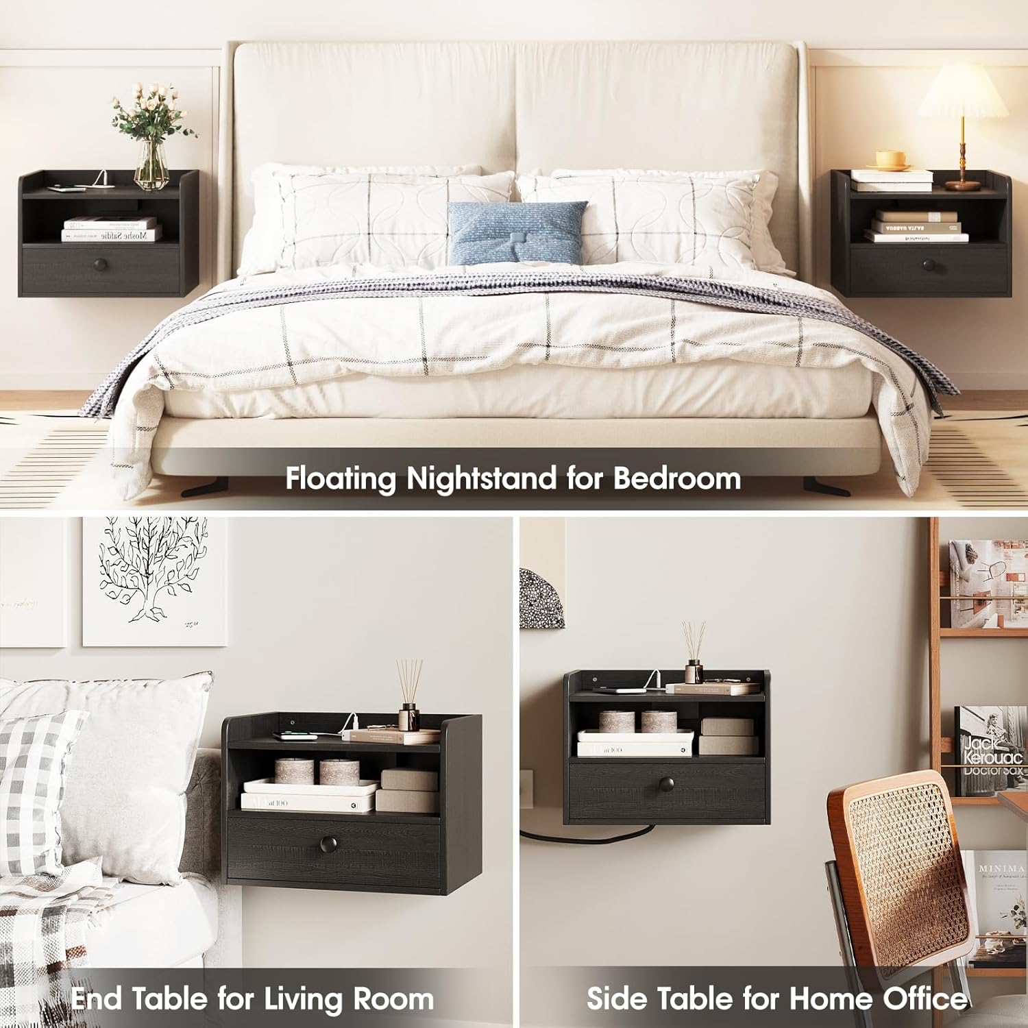 Floating Nightstand Set of 2 Modern Night Stands with Drawer and Open Shelf | Cubby Small Bedside End Table with Charging Station Wall Mounted Nightstands Set 2 for Bedroom Black