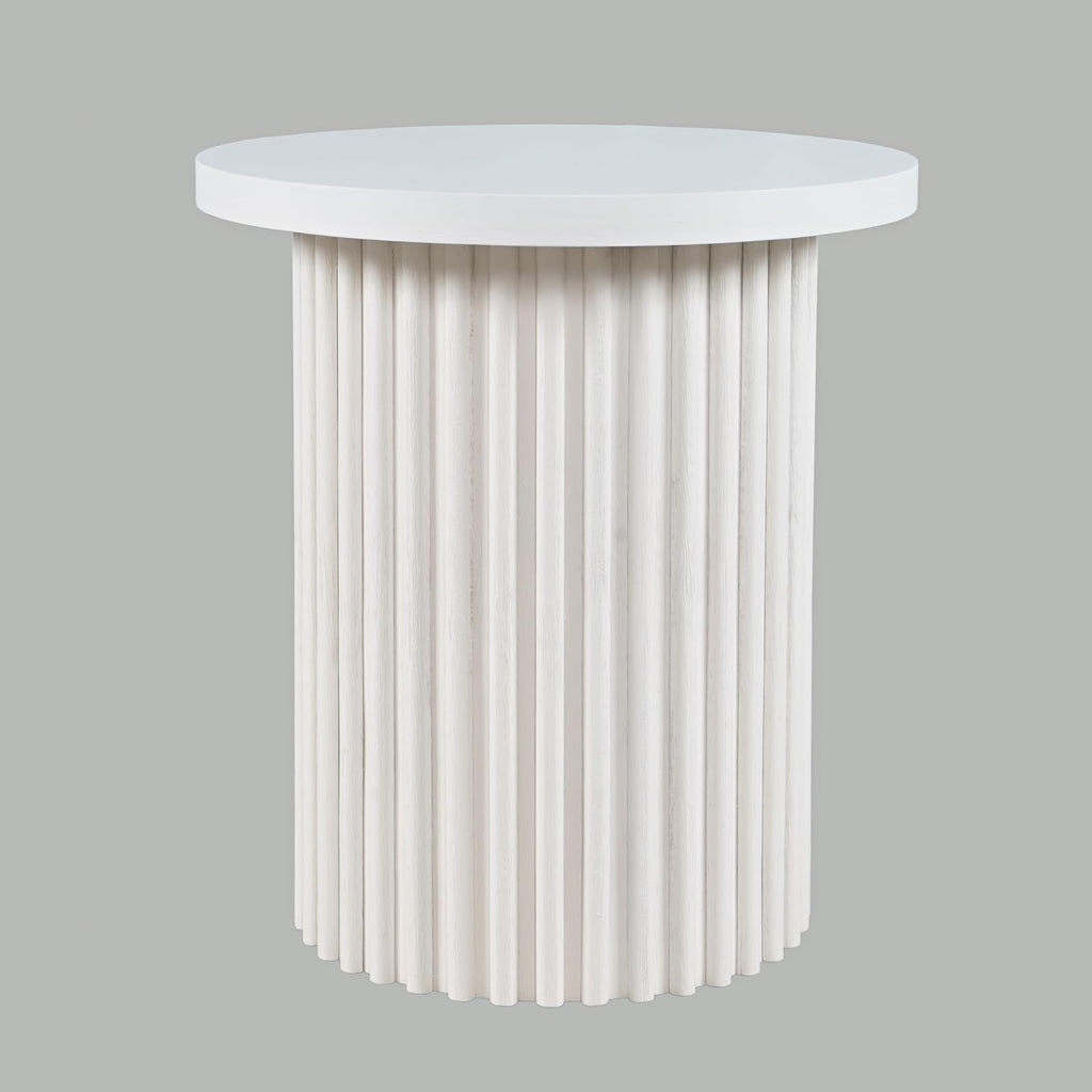 Jofran Round End Table with Fluted Pedestal Base, Mid-Century Modern Side Table for Living Room Bedroom, Accent Table, White