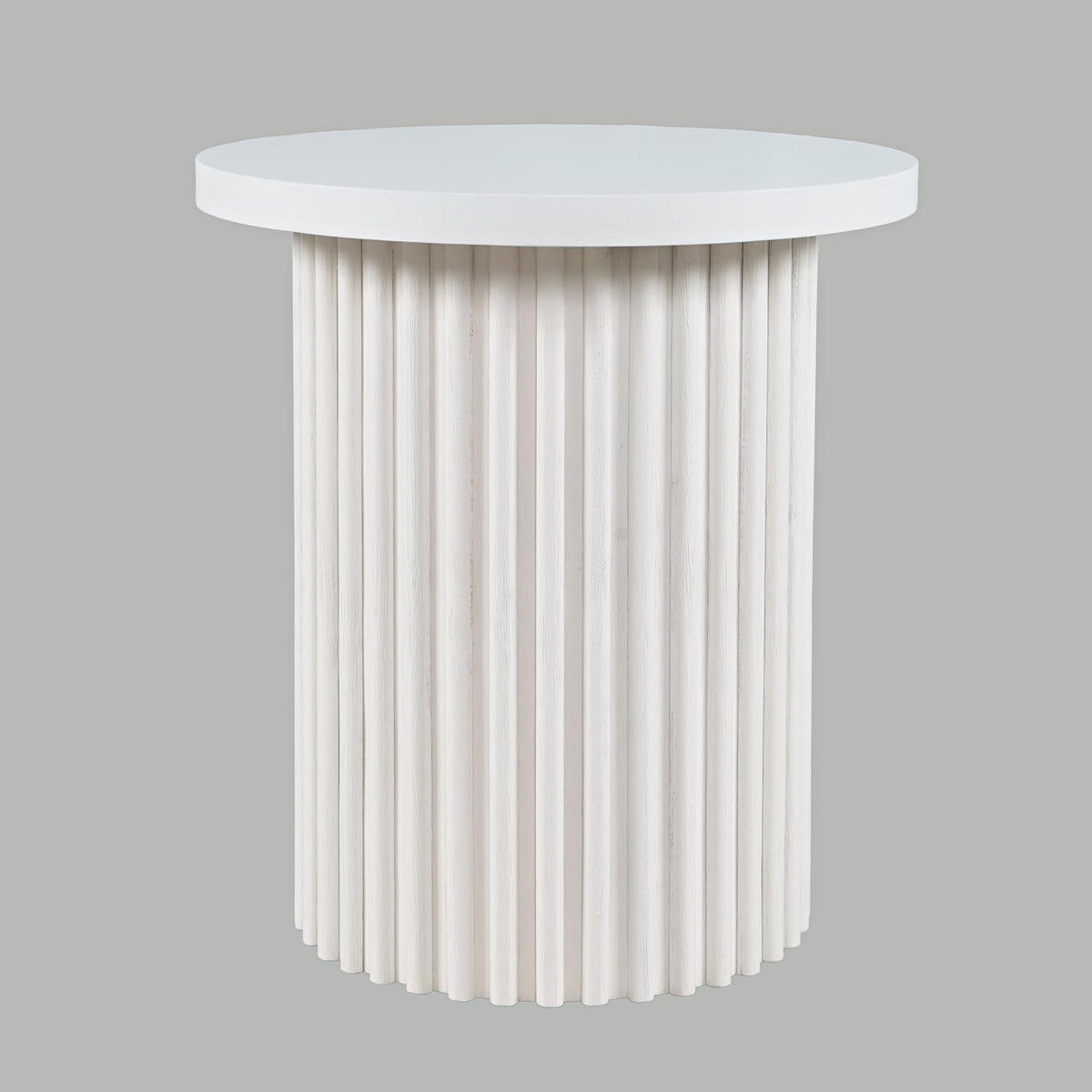 Jofran Round End Table with Fluted Pedestal Base, Mid-Century Modern Side Table for Living Room Bedroom, Accent Table, White