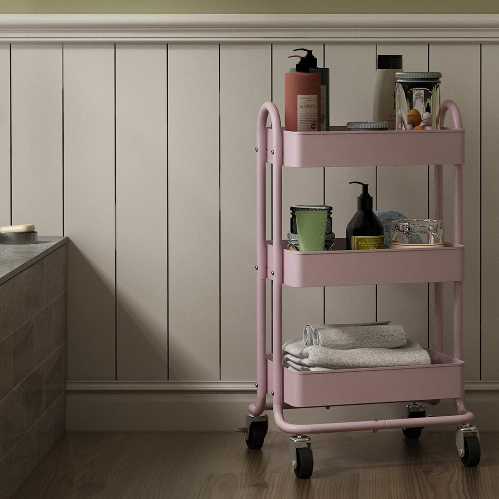 Metal Rolling Cart,3-Tier Pink Rolling Cart with Wheels,Metal Utility Cart with Wheels for Office,Home,Kitchen,Garden（13.4"x18.1"x31"） Pink