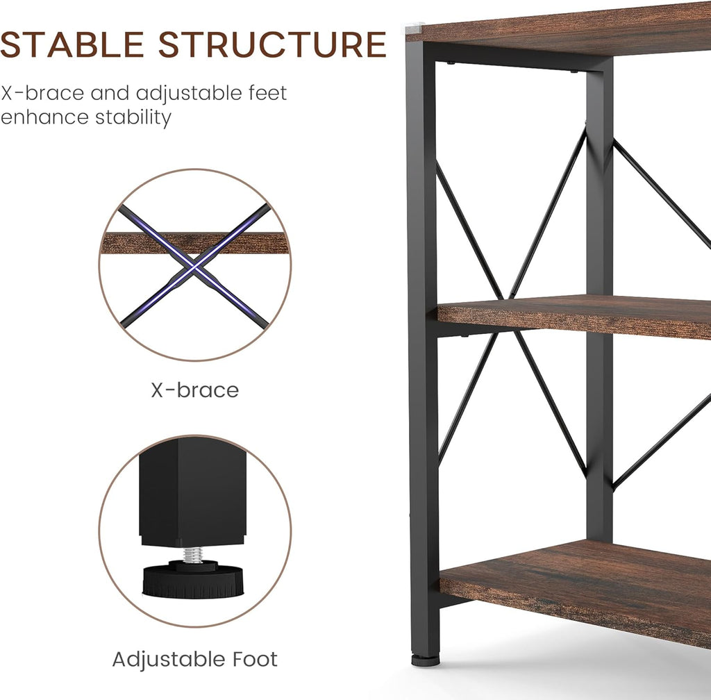 47" 3 Tier Industrial Book Shelf, Free Standing Horizontal Low Metal Rustic Farmhouse Book Case with Wood Shelves for Home Office, Den, or Living Room Rustic Brown and Black