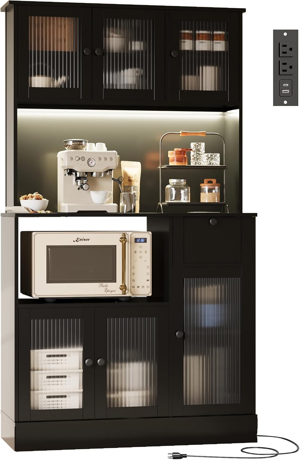 71" Kitchen Hutch Cabinet with Storage for Living & Dining Room, Kitchen Pantry Cabinet with LED Light & Outlet, All Black