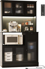 71" Kitchen Hutch Cabinet with Storage for Living & Dining Room, Kitchen Pantry Cabinet with LED Light & Outlet, All Black
