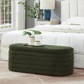Modern Oval Storage Ottoman Bench, Upholstered Boucle Teddy Fabric End of Bed Bench with Storage, End of Bed Stool with Safety Hinge for Bedroom, Living Room, Entryway, White (Dark Green)