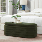 Modern Oval Storage Ottoman Bench, Upholstered Boucle Teddy Fabric End of Bed Bench with Storage, End of Bed Stool with Safety Hinge for Bedroom, Living Room, Entryway, White (Dark Green)