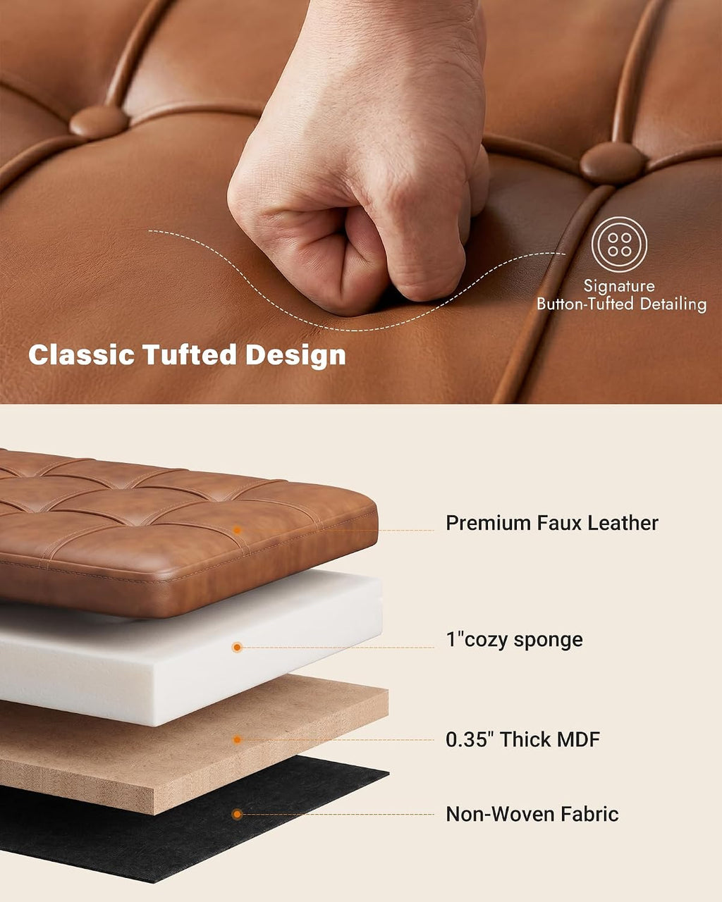 Storage Ottoman Bench, 43.7"PU Leather End of Bed Bench Walnut Brown | Bench with Large Hidden Storage, Tufted Upholstered Seat, Metal Legs, Mid-Century Modern, For Bedroom, Entryway, Living Room