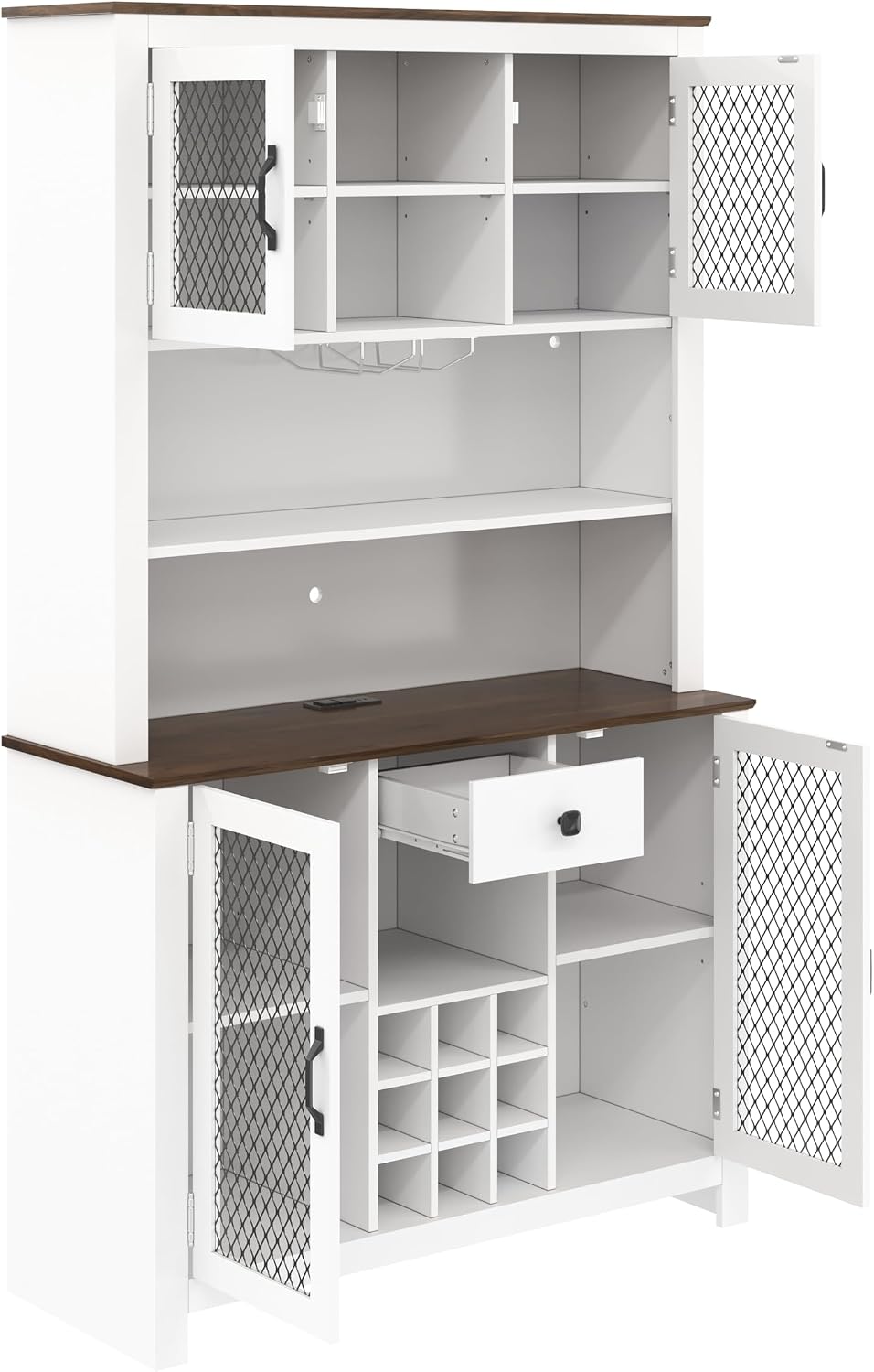70.9" Kitchen Pantry Storage Cabinet, Rustic Bufft Cabinet with Doors and LED Outlets, Wooden Kitchen Hutch Cabinet with Shelves for Dining Room, White
