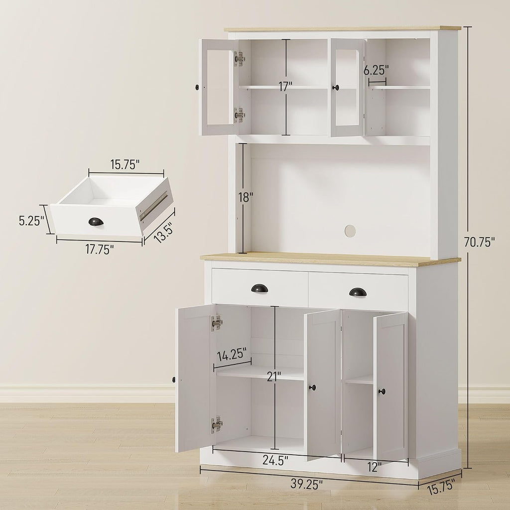 Modern Freestanding Pantry Cabinet 71in H x 39.25in W: White Finish, Warm Oak Countertop, 4-Tier Adjustable Shelves, 35.5in Surface w/Cable Hole, 176lb Capacity