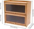 2 Tier Bamboo Countertop Pantry, Kitchen Countertop Flatware Storage Cabinet with 2 Sliding Striped Clear Door Stoppers, Fully Sealed Cutlery Organizer for Condiments, Plates, Bowls
